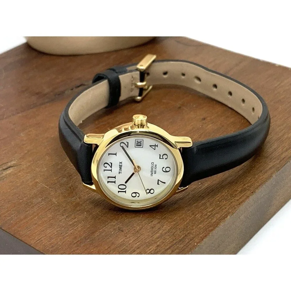 Timex Women's Watch T2H341 Indiglo Quartz Black Leather Band Petite Date 25mm